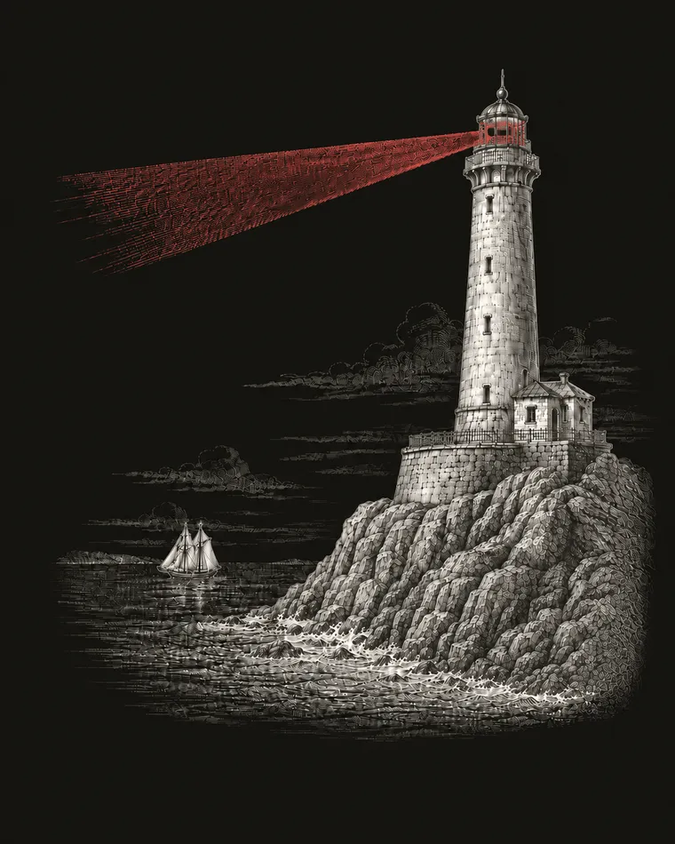 A lighthouse on a rocky shore casts a single beam guiding a small vessel — an engraving evoking the repository as a steady harness that guides any agent.