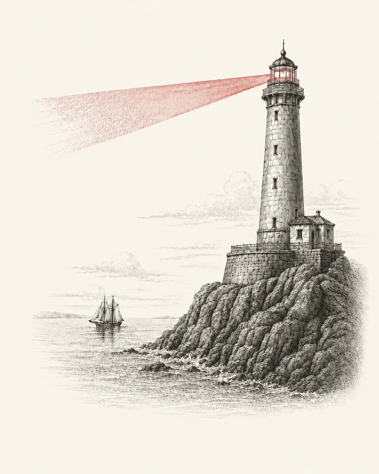 A lighthouse on a rocky shore casts a single beam guiding a small vessel — an engraving evoking the repository as a steady harness that guides any agent.