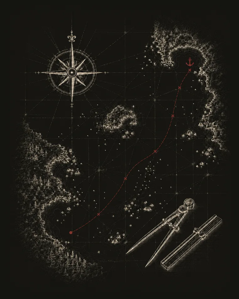 A nautical chart with a single plotted course threading safely past hazards — an engraving evoking the plan as the direction that keeps work on course.