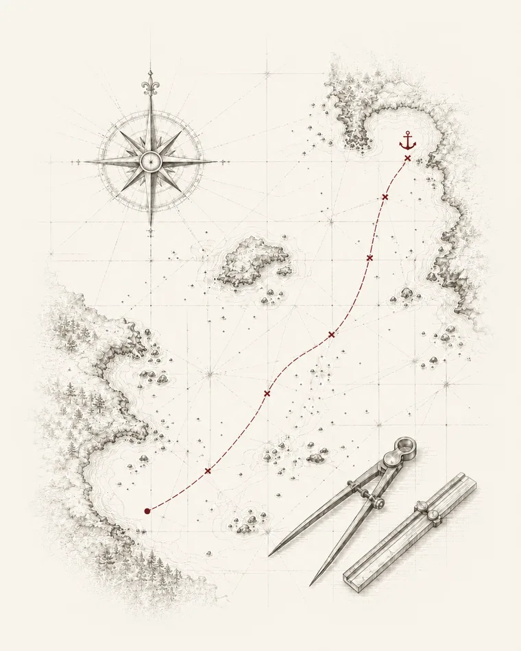 A nautical chart with a single plotted course threading safely past hazards — an engraving evoking the plan as the direction that keeps work on course.
