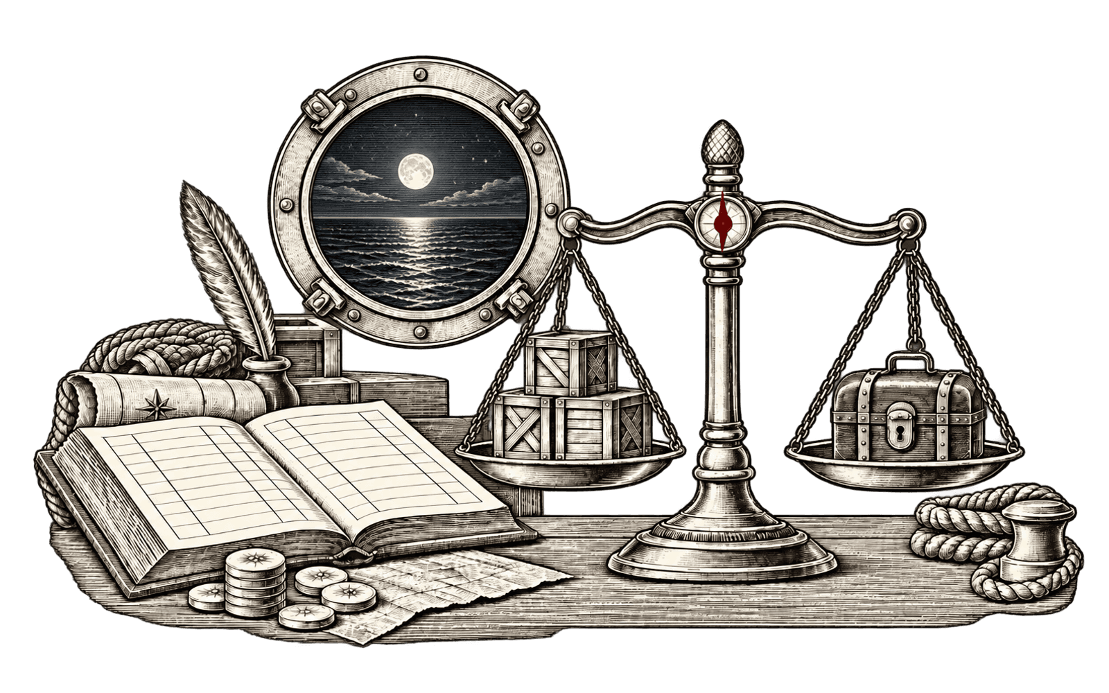 An engraved purser’s cabin: a balance scale weighing cargo crates against a strongbox beside an open ledger with blank tally rows — an engraving evoking that every token counts.