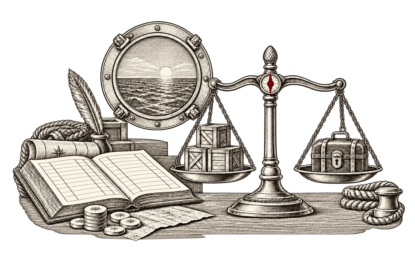 An engraved purser’s cabin: a balance scale weighing cargo crates against a strongbox beside an open ledger with blank tally rows — an engraving evoking that every token counts.