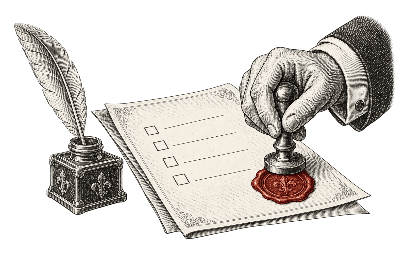 Engraved illustration of a hand pressing an embossed wax seal onto a contract document with blank check rows, an inkwell at its side.