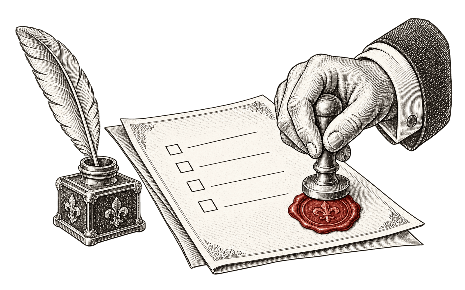 Engraved illustration of a hand pressing an embossed wax seal onto a contract document with blank check rows, an inkwell at its side.