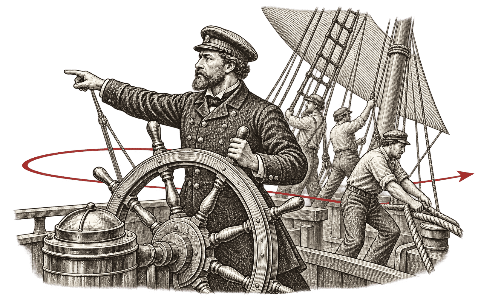 Engraving of a ship at sea: the hand of the captain holds the wheel at the helm, the crew works the sails, and a bold course line runs across the plate.
