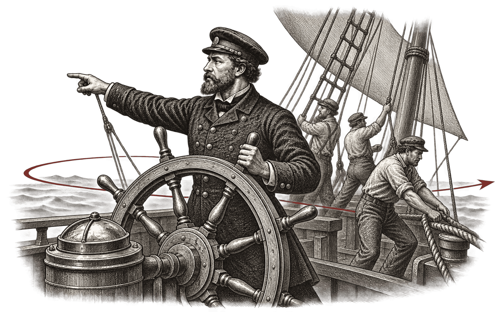 Engraving of a ship at sea: the hand of the captain holds the wheel at the helm, the crew works the sails, and a bold course line runs across the plate.