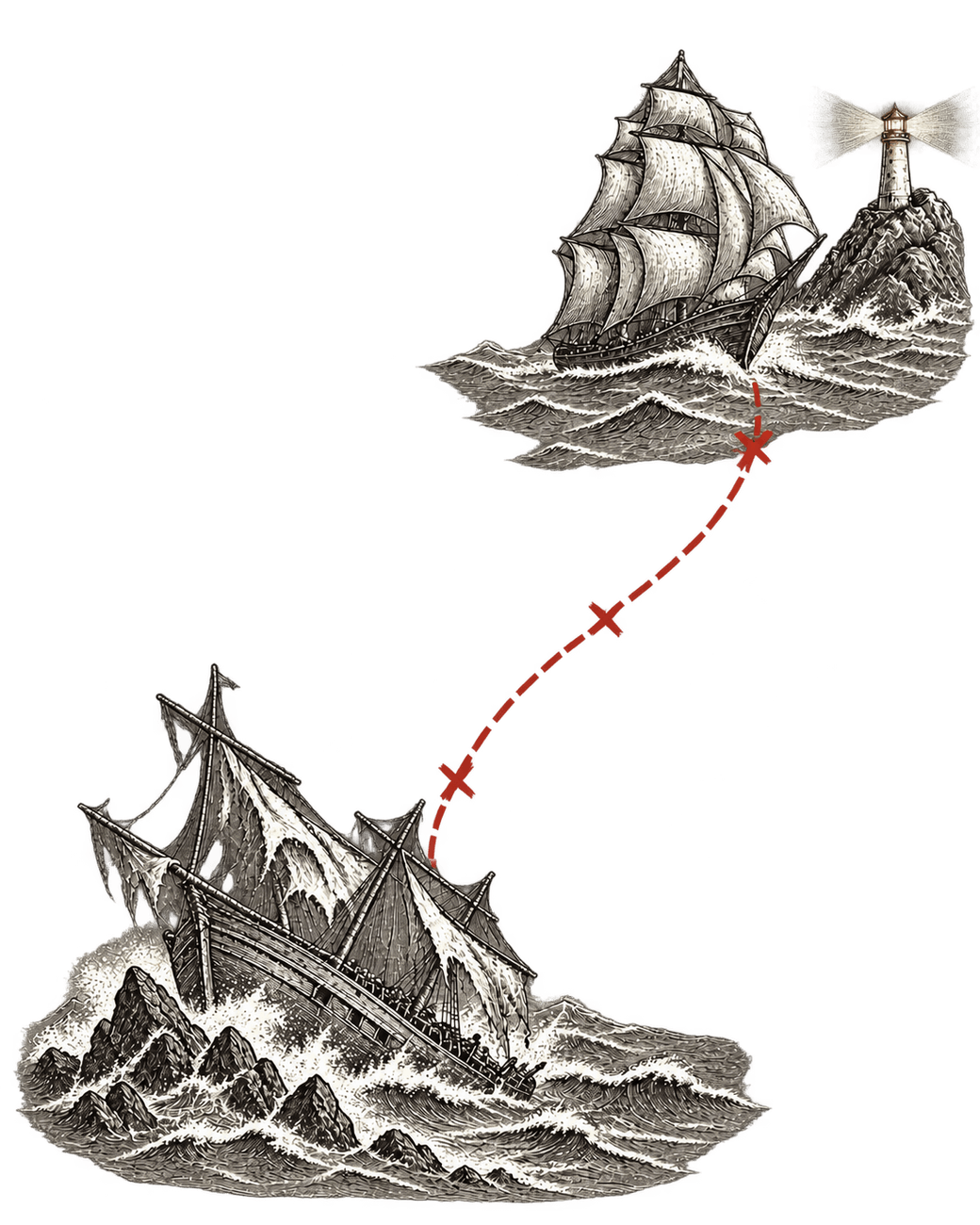 An engraved diptych: a ship adrift in fog beside jagged rocks on one side, and the same ship steady on a plotted course toward a harbor beacon on the other.
