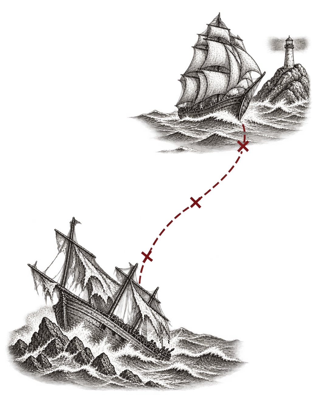 An engraved diptych: a ship adrift in fog beside jagged rocks on one side, and the same ship steady on a plotted course toward a harbor beacon on the other.