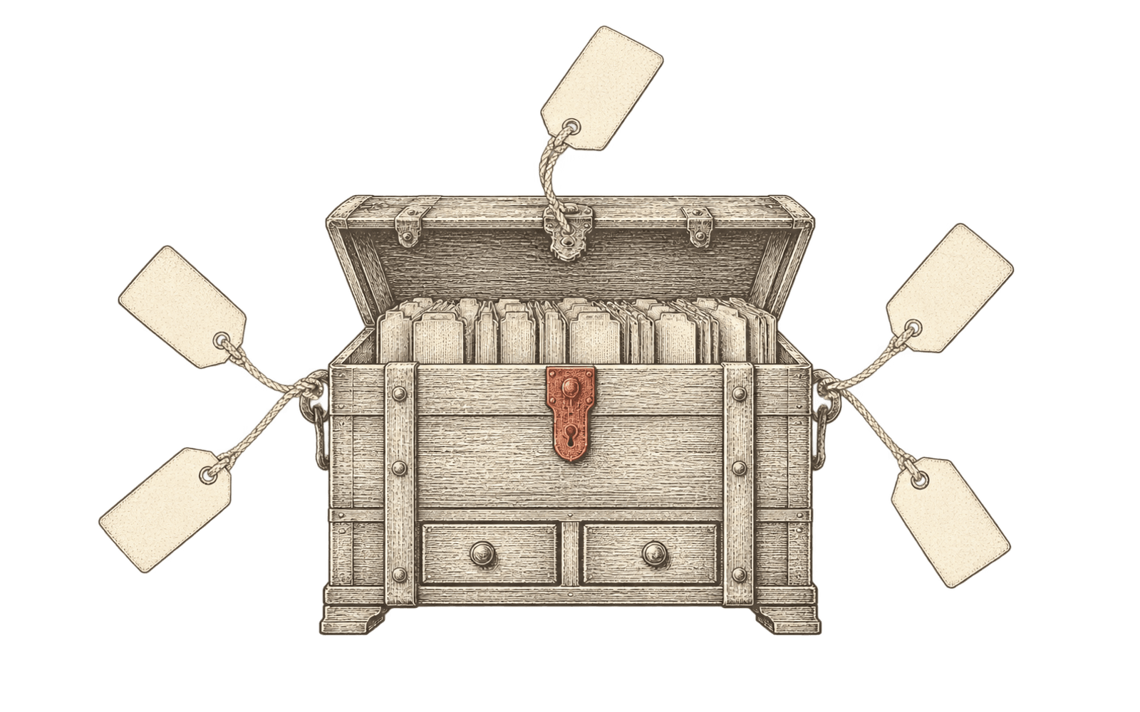Engraved illustration of an archive chest with five blank hang-tags tied by string fanning out of it.