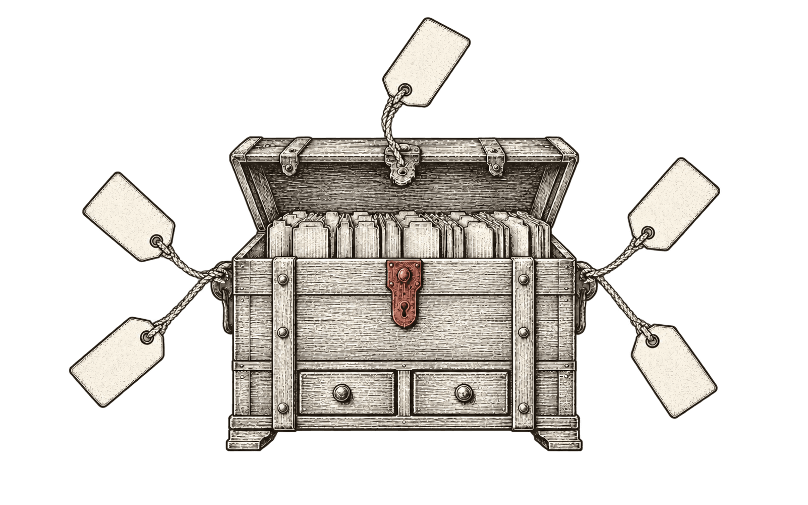 Engraved illustration of an archive chest with five blank hang-tags tied by string fanning out of it.